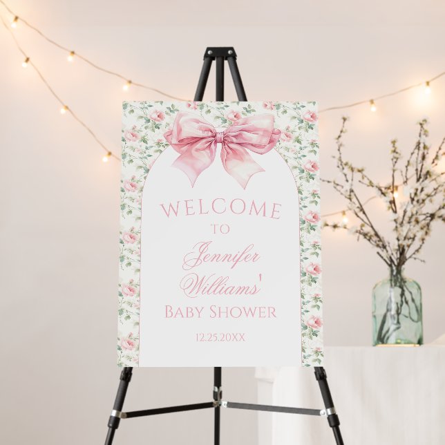 Pink bow floral baby shower welcome sign board (In Situ (Stand))
