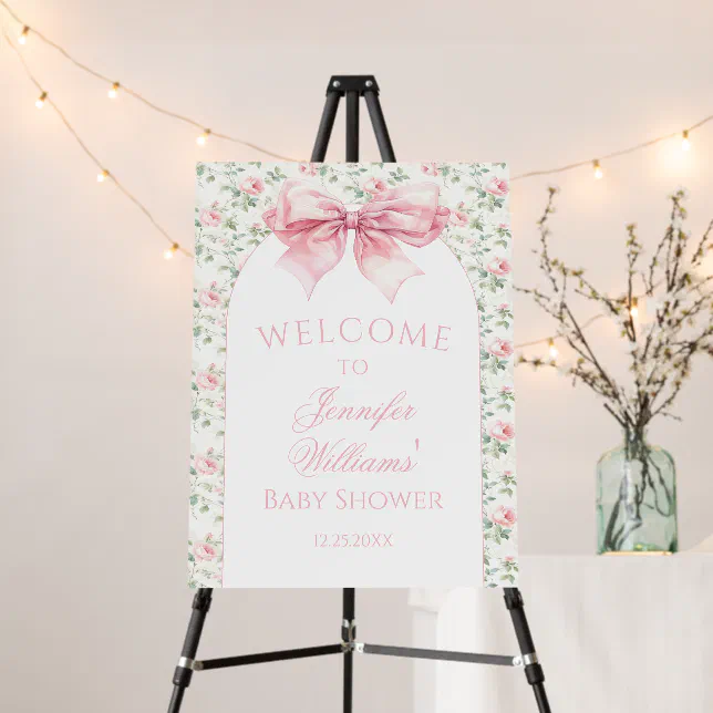 Pink bow floral baby shower welcome sign board | Zazzle