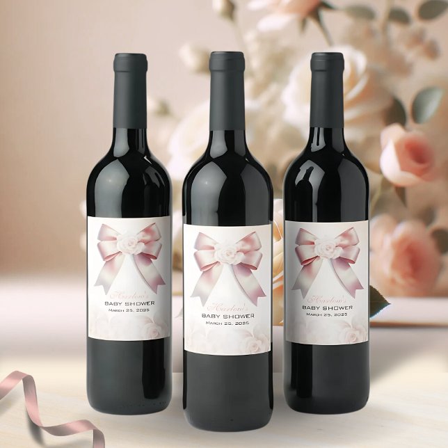 Pink Bow floral Baby Shower  Wine Label (Creator Uploaded)