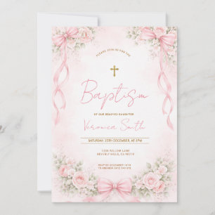 Pink Bow Floral Baptism for Girl Invitation