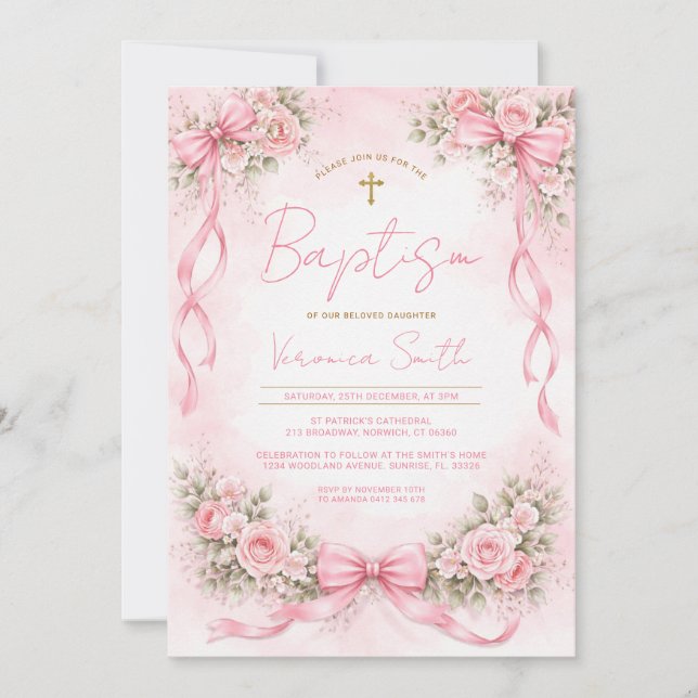 Pink Bow Floral Baptism for Girl Invitation (Front)
