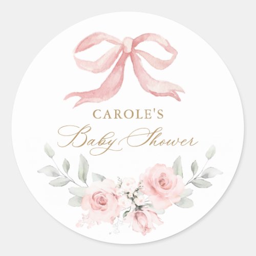 Pink Bow Floral Blush Baby Girl Baby Shower Classic Round Sticker