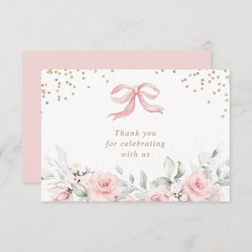 Pink Bow Floral Blush Gold Baby Shower Thank You Card