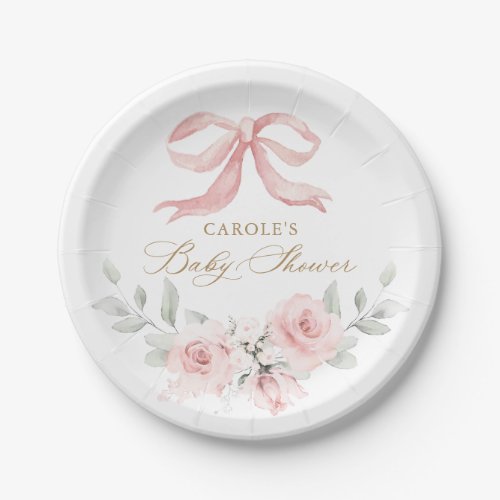 Pink Bow Floral Blush Greenery Baby Shower Paper Plates
