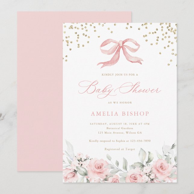 Pink Bow Floral Blush Greenery Gold Baby Shower Invitation (Front/Back)