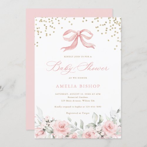 Pink Bow Floral Blush Greenery Gold Baby Shower Invitation