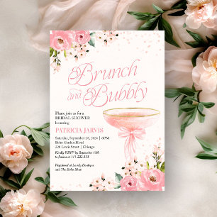 Pink Bow Floral Brunch And Bubbly Bridal Shower Invitation