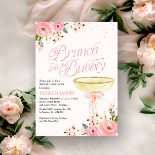 Pink Bow Floral Brunch And Bubbly Bridal Shower Invitation