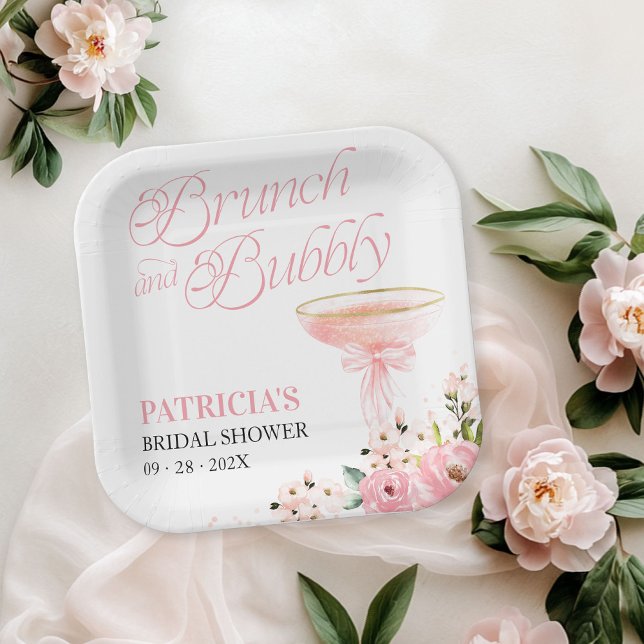Pink Bow Floral Brunch And Bubbly Bridal Shower Paper Plates (Creator Uploaded)