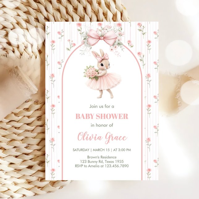 Pink Bow & Floral Bunny Baby Shower  Invitation (Creator Uploaded)