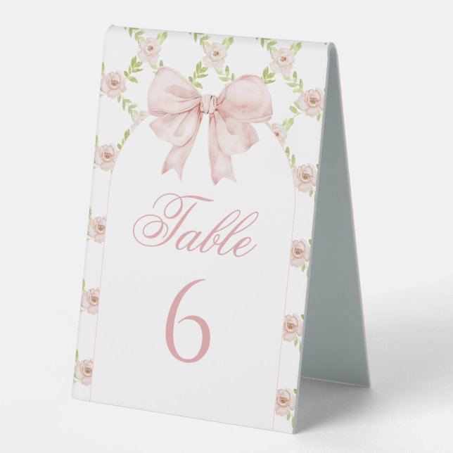 Pink Bow Floral Chic Baby Girl Shower Table Number Table Tent (Front)