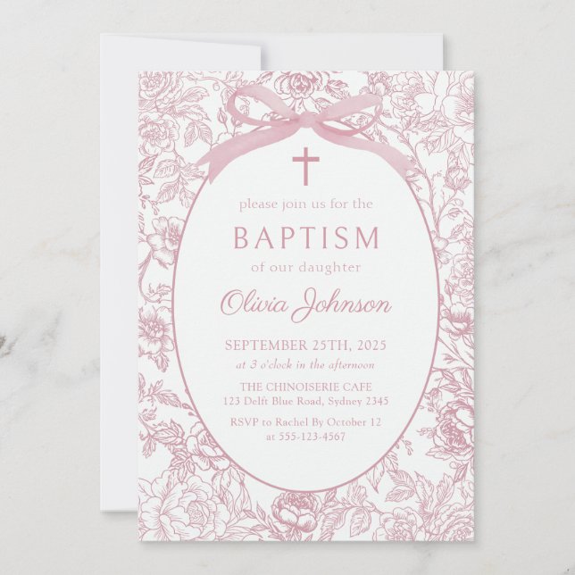 Pink Bow Floral Chinoiserie Baptism Invitation (Front)