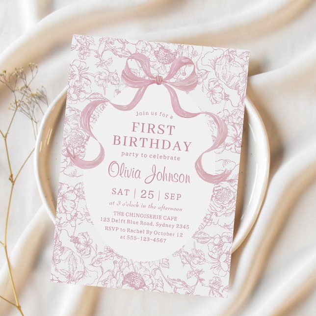 Pink Bow Floral Chinoiserie Bridal Shower Invitation (Creator Uploaded)