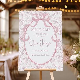 Pink Bow Floral Chinoiserie Bridal Shower Welcome Foam Board