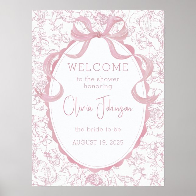 Pink Bow Floral Chinoiserie Bridal Shower Welcome Poster (Front)
