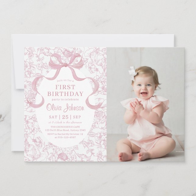 Pink Bow Floral Chinoiserie Toile Birthday Photo Invitation (Front)