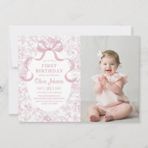 Pink Bow Floral Chinoiserie Toile Birthday Photo Invitation
