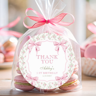 Pink Bow Floral Coquette 1st Birthday Thank You  Classic Round Sticker