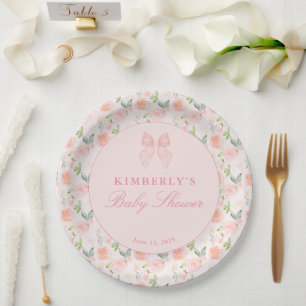 Pink Bow Floral Coquette Gingham Girl Baby Shower Paper Plates