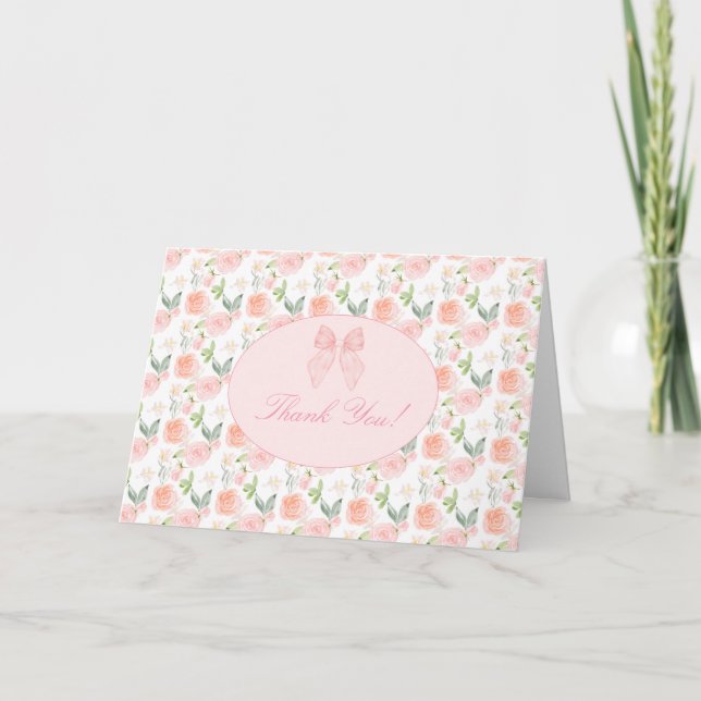 Pink Bow Floral Coquette Gingham Girl Baby Shower Thank You Card (Front)