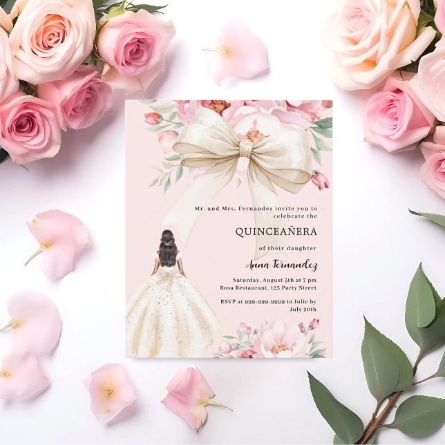 Pink bow floral cream dress Quinceanera invitation (Creator Uploaded)