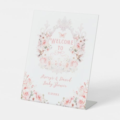 Pink Bow Floral Crest Baby Girl Shower Pedestal Sign