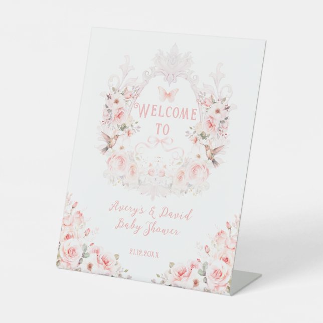 Pink Bow Floral Crest Baby Girl Shower Pedestal Sign (Front)