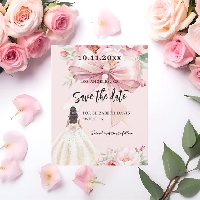 Pink bow floral dress Sweet 16 Save the Date card (Creator Uploaded)