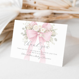 Pink Bow Floral Eucalyptus Baby Shower Letterpress Thank You Card