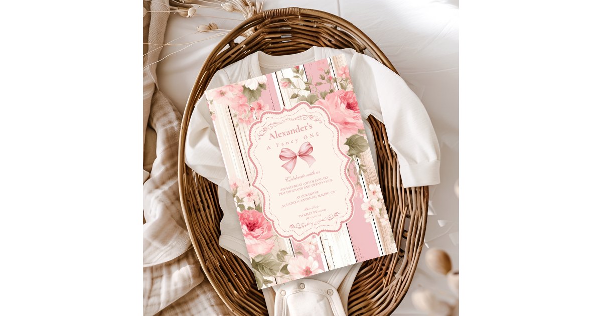 Pink Bow Floral Fancy ONE Girl 1st Birthday Invitation | Zazzle
