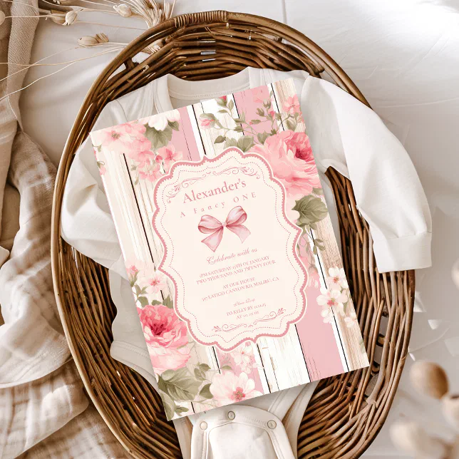 Pink Bow Floral Fancy ONE Girl 1st Birthday Invitation | Zazzle