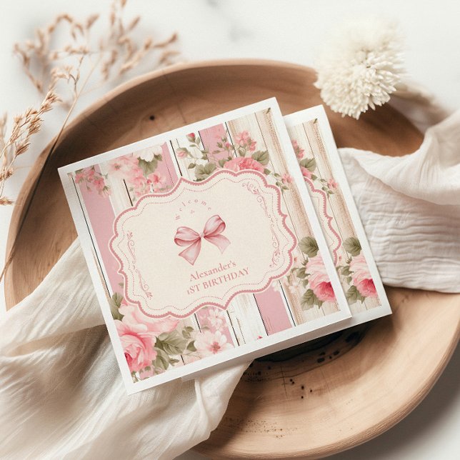 Pink Bow Floral Fancy ONE Girl 1st Birthday  Napkins (Creator Uploaded)