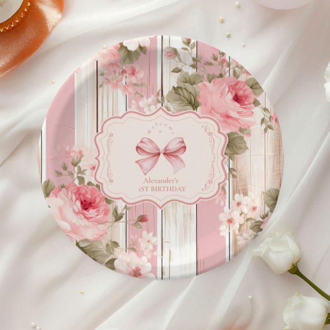Pink Bow Floral Fancy ONE Girl 1st Birthday  Paper Plates (Creator Uploaded)