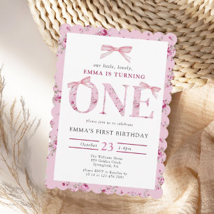 Pink Bow Floral First Birthday Invitation