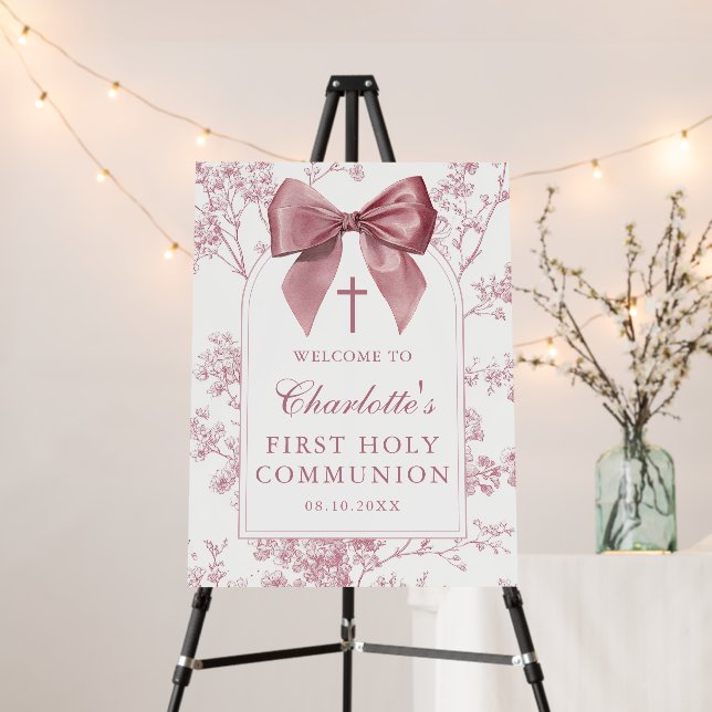 Pink Bow Floral First Holy Communion Welcome Sign (In Situ (Stand))