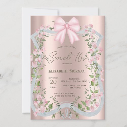 Pink Bow Floral Frame Rose Gold Sweet 16 