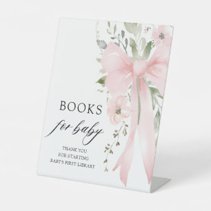 Pink Bow Floral Girl Baby Shower Books for Baby Pedestal Sign