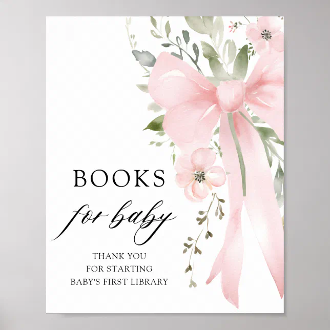 Pink Bow Floral Girl Baby Shower Books for Baby Poster | Zazzle