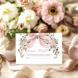 Pink Bow Floral Girl Baby Shower Diaper Raffle Enclosure Card