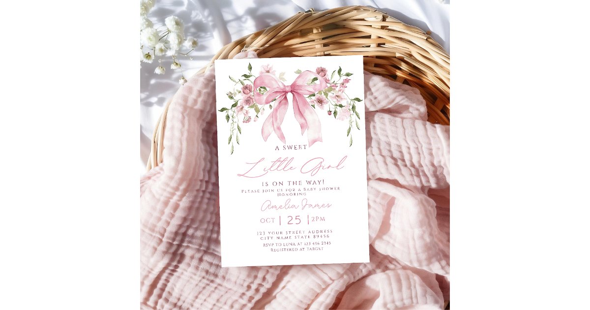Pink Bow Floral Girl Baby Shower Invitation | Zazzle