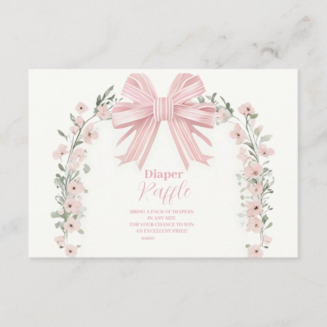 Pink Bow Floral Girl Baby Shower Raffle Diapper Enclosure Card (Front)