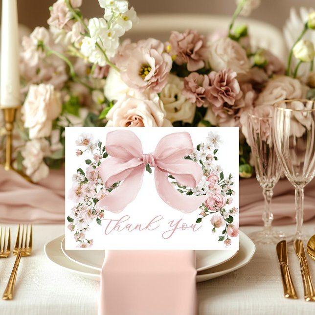Pink Bow Floral Girl Baby Shower Thank You Card (Creator Uploaded)