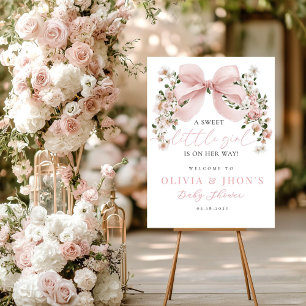 Pink Bow Floral Girl Baby Shower Welcome Sign