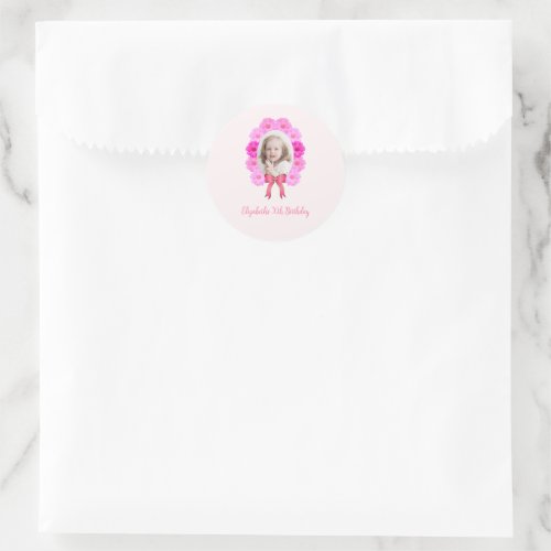 Pink Bow Floral Girls Birthday Classic Round Sticker