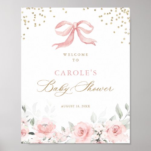 Pink Bow Floral Gold Greenery Baby Shower Welcome Poster