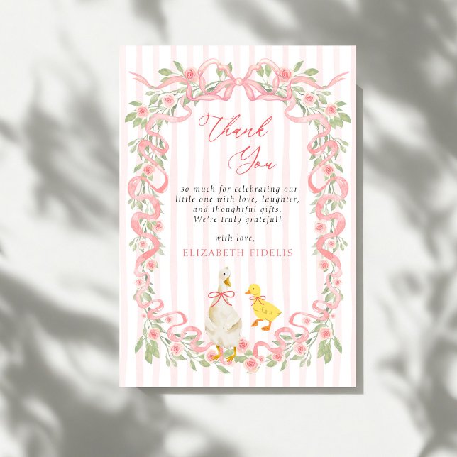 Pink Bow Floral Goose Baby Shower  Thank You Card (Creator Uploaded)