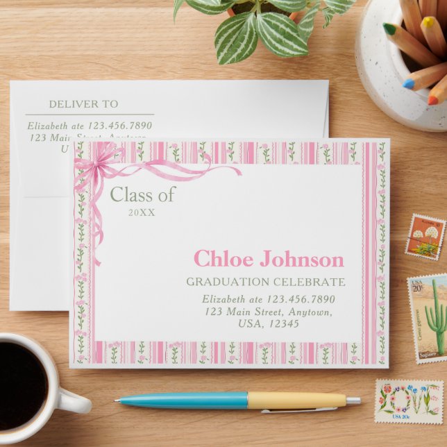 Pink Bow Floral Graduation Envelope (Desk)