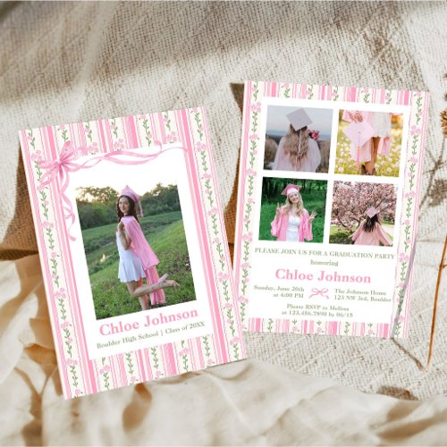 Pink Bow Floral Graduation Invitation