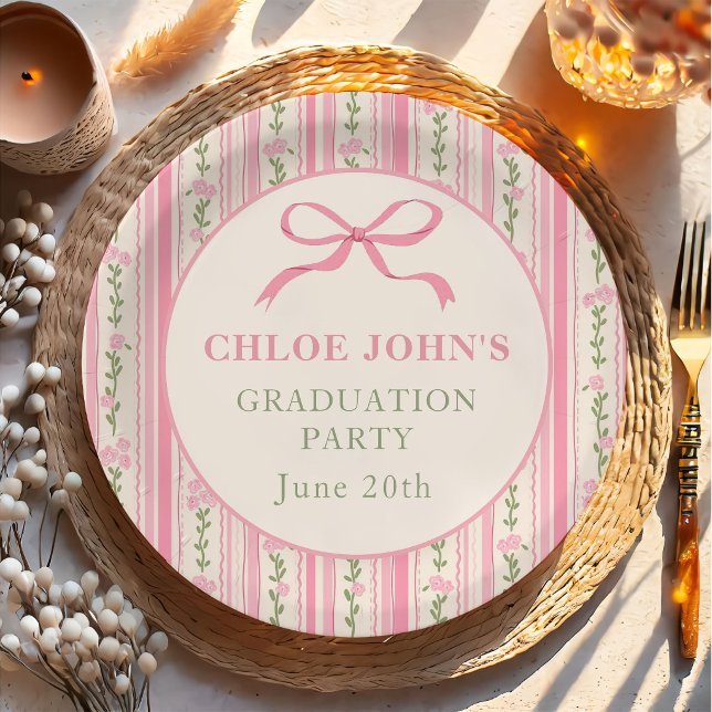 Pink Bow Floral Graduation Paper Plates (Creator Uploaded)