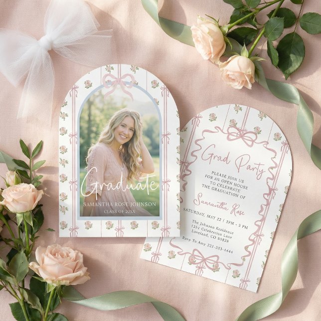 Pink Bow Floral Graduation Party Invitation (Creator Uploaded)